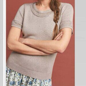Anthropologie Lattice Crochet Knit Short Sleeve Sweater Stone Womens XS Lace
